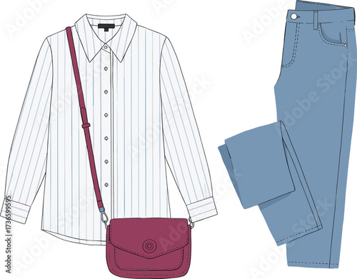 Fashionable women’s outfit vector illustration featuring striped shirt, blue jeans, and crossbody bag for modern casual style