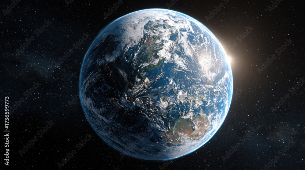 Obraz premium Planet Earth viewed from space with sunlight illuminating the horizon, showing blue oceans, green continents, and white clouds against the dark universe