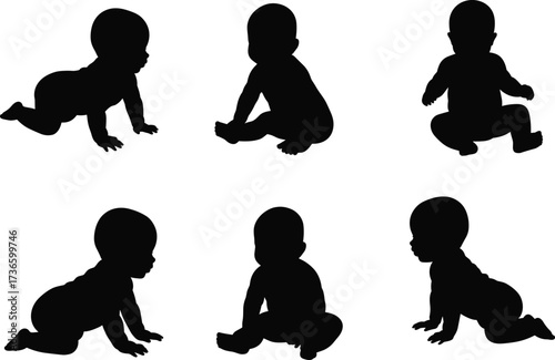 Silhouette vector illustration of babies crawling and sitting in different poses for childcare, parenting, design, and educational projects