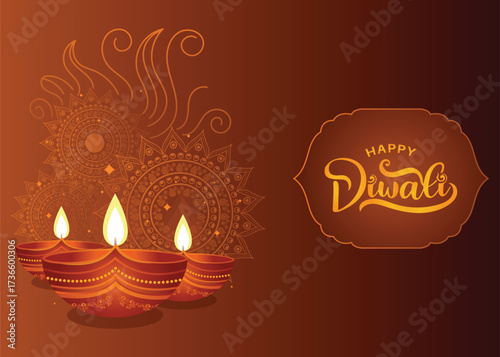 Happy Diwali festival of lights horizontal card featuring mandala art and glowing diya on yellow background, perfect for greeting cards, festive banners, and vector design.