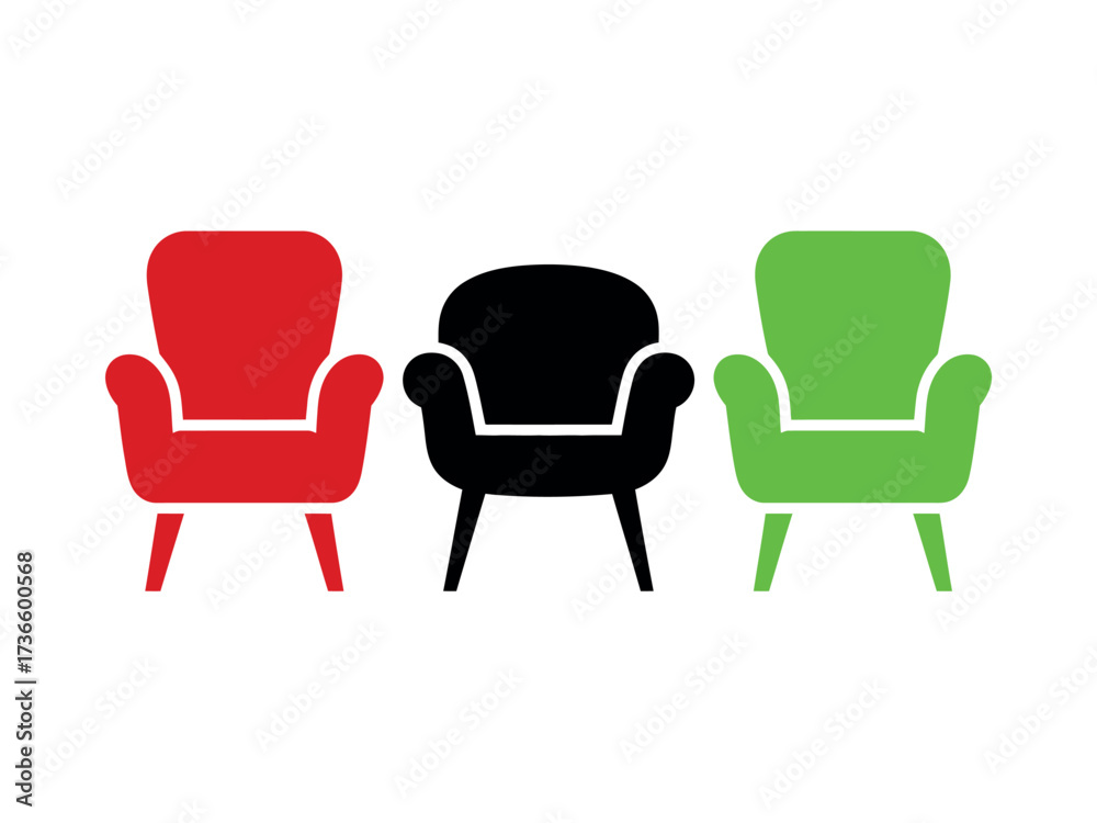 Fototapeta premium Three armchairs in red black and green vector illustration