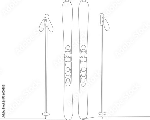 Minimalist Outline Drawing Skiing Equipment Sport Winter Activity Illustration