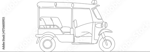 Black and White Line Art Thai Tuk Tuk Auto Rickshaw Illustration