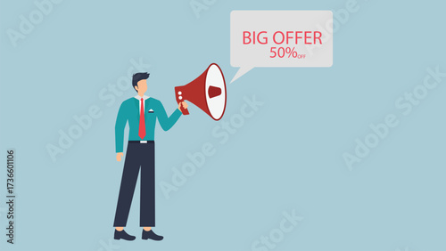 Man with megaphone announcing a big offer of 50 discount, vector illustration in flat style