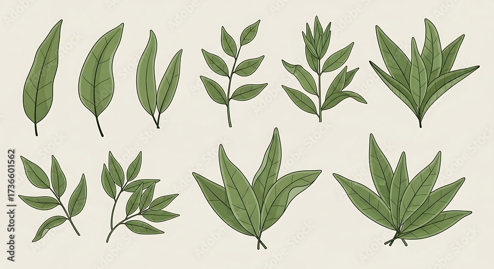 Fototapeta premium Hand Drawn Collection of Various Green Botanical Leaves.