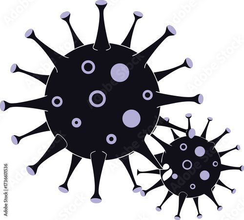 Abstract 3d rendering of two dark coronavirus particles with light blue accents
