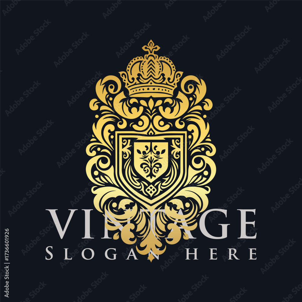 Fototapeta premium Vintage luxury logo design, golden ornamental crest emblem for premium branding