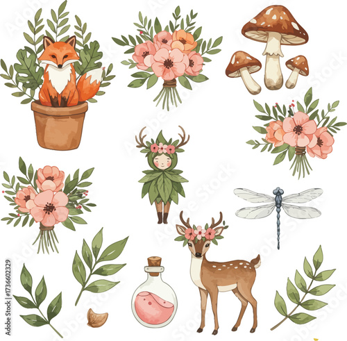 Whimsical woodland creatures and floral arrangements digital art collection