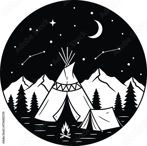 Nighttime mountain camping scene with teepee tents and a campfire under a starry sky