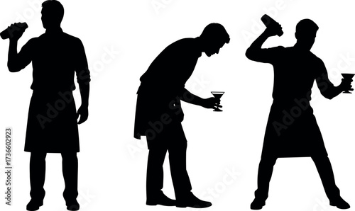 Bartender silhouettes in dynamic cocktail poses with shaker and martini glass, perfect for bar, mixology, nightlife, and hospitality design themes.