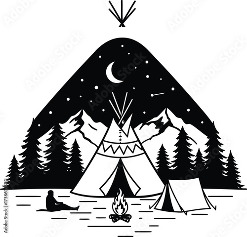 Serene night camping scene with teepee tent campfire and person under starry sky and moon