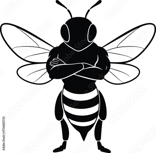 Strong anthropomorphic black bee with crossed arms and wings standing confidently on white background