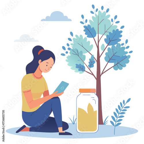 Digital Detox Vector Illustration – Young Woman Putting Smartphone into Jar, Minimalist Flat Design