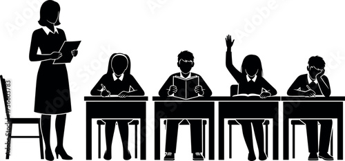 Black and white classroom silhouette with teacher and students learning, reading, writing, raising hand, and showing different engagement levels