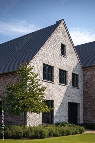 Wallpaper Mural Modern house design featuring a mix of brick and stone materials, showcasing a beautiful facade and well-maintained landscaping during a sunny day Torontodigital.ca