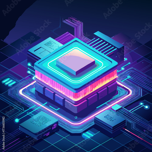 Vibrant isometric digital processor and network illustration