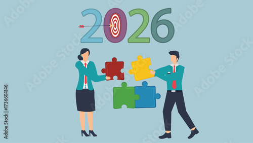 Business team working together to achieve 2026 target by completing jigsaw puzzle