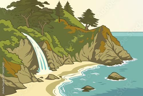 McWay Falls in Big Sur, California, delicate 80-foot tidefall waterfall spilling onto a secluded sandy cove