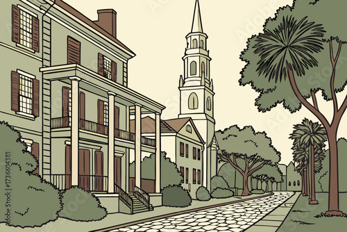 Meeting Street in Charleston, South Carolina, cobblestone thoroughfare with historic churches and mansions