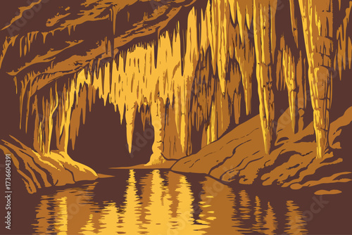 Meramec Caverns in Missouri, illuminated stalactites reflecting in underground lake waters