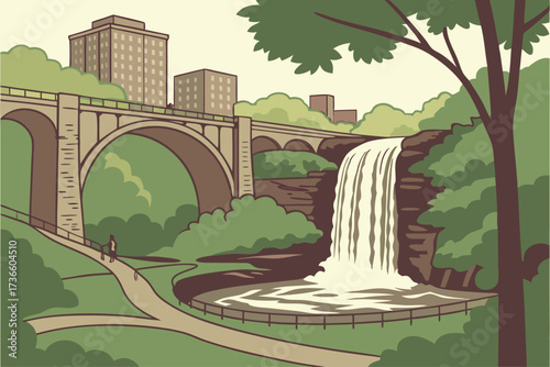 Minnehaha Falls in Minneapolis, Minnesota, charming urban waterfall framed by stone bridges and green parkland