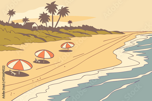 Misquamicut Beach in Rhode Island, sandy expanse with rolling surf and colorful umbrellas