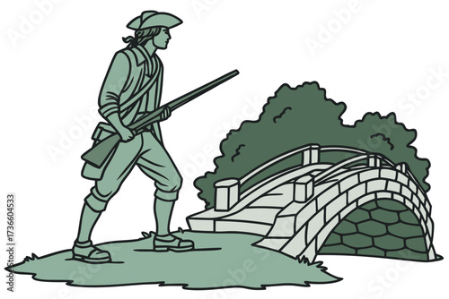 Minute Man Statue in Concord, Massachusetts, bronze colonial farmer with musket beside stone bridge