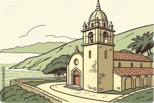 Mission Carmel in Carmel-by-the-Sea, California, baroque bell tower with rustic stone facade and coastal setting