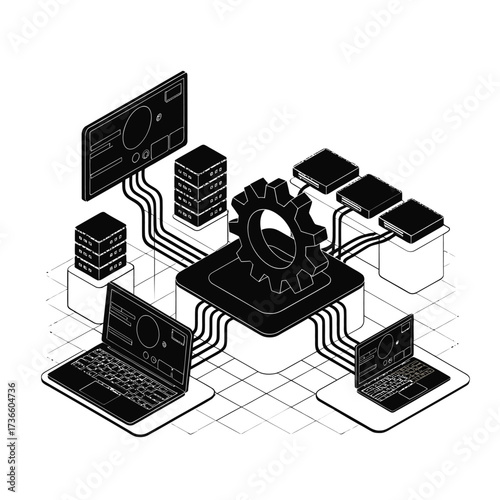 Abstract digital network with interconnected devices and data flow