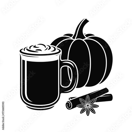 Black and white illustration of pumpkin spice latte with cinnamon and star anise