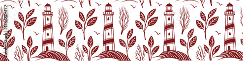 Seamless nautical lighthouse pattern with coastal nature elements. Hand drawn red illustration of seashore landscape. Perfect for wallpaper, fabric, and decor design.