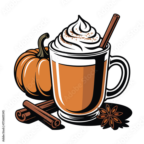 Cozy autumn pumpkin spice latte with whipped cream and cinnamon sticks