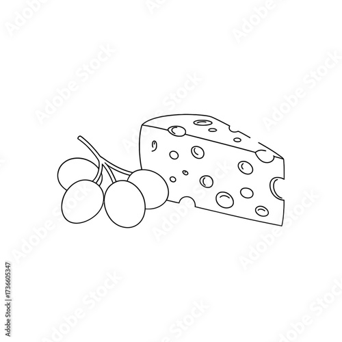 Hand drawn sketch of swiss cheese wedge and grapes