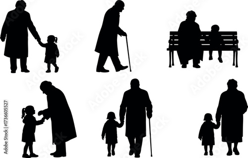 Elderly person and child silhouette scenes showing care, companionship, walking, sitting, bonding moments, intergenerational love, family support, aging connection