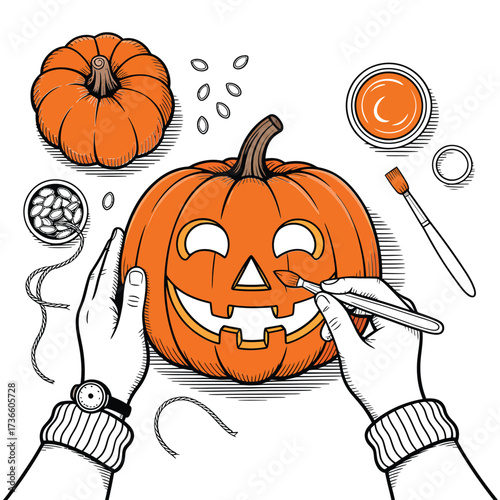 Hands carving a jack o lantern for halloween celebration