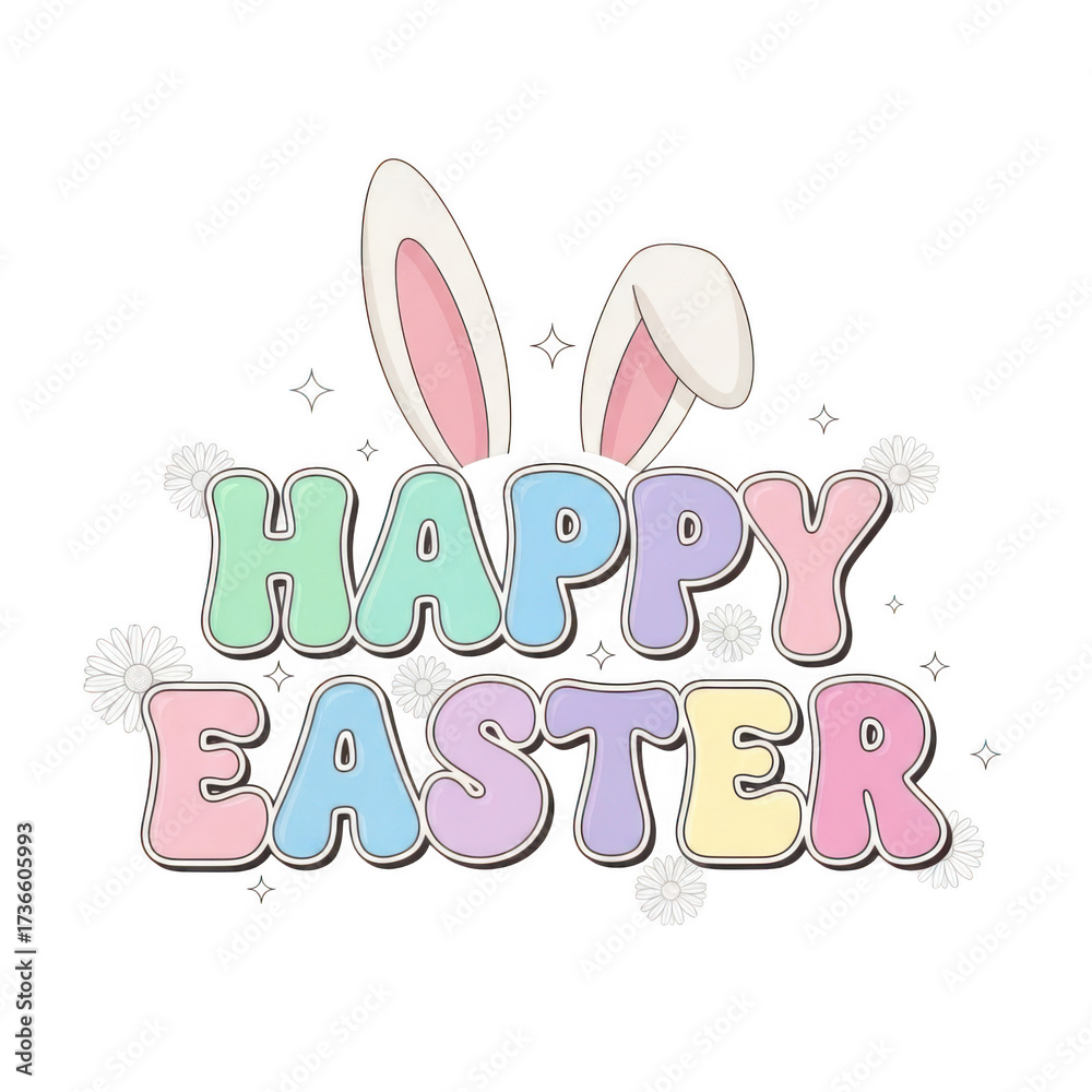 Fototapeta premium Whimsical pastel happy easter text with bunny ears and flower accents png