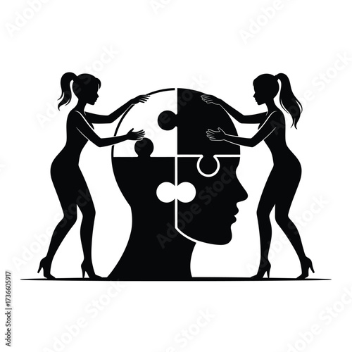 Two women assembling a human head puzzle symbolizing psychology and mental health