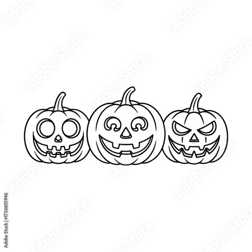 Three hand drawn jack o lantern pumpkins in a row