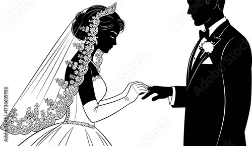 Elegant bride and groom exchanging wedding rings in silhouette style with floral veil, tuxedo, romantic ceremony moment vector illustration