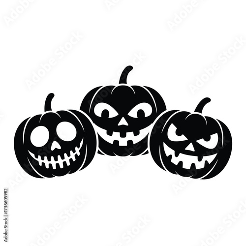 Three spooky halloween jack o lantern pumpkins silhouettes