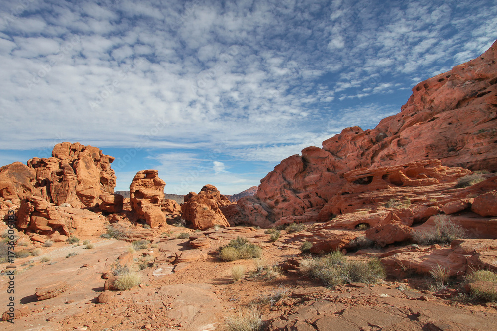 Fototapeta premium colorful photo of red rock formations and vivid blue sky with unique cloud pattern in taken in Bryce Canyon Park in American southwest