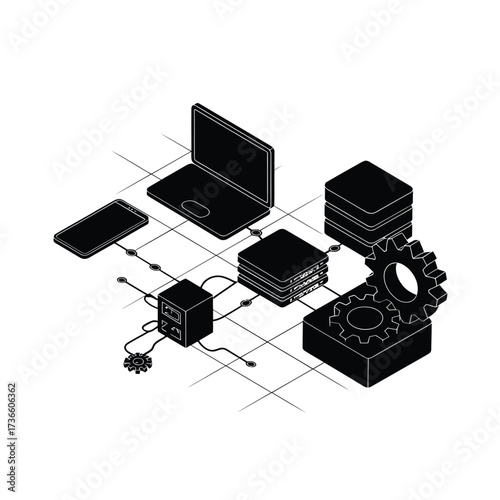 Isometric illustration of interconnected technology devices and data storage
