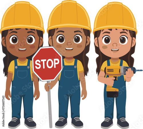 Three cartoon children wearing yellow hard hats and blue overalls with one holding a stop sign and another a drill