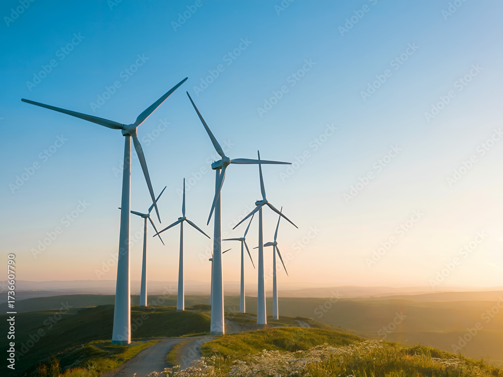 Obraz premium A single wind turbine provides clean, renewable energy on a mountain windfarm at sunset