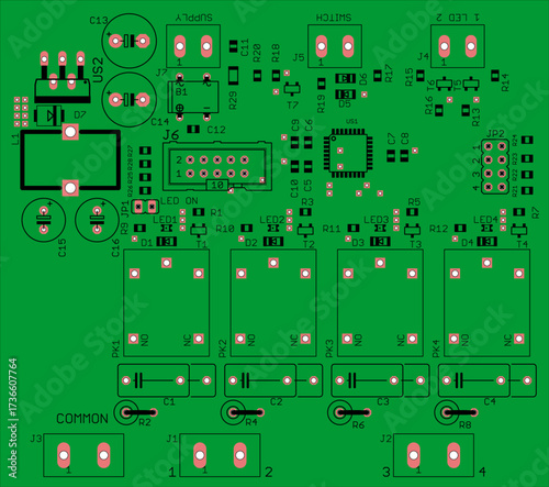 Placement of components of radio elements (contact
pads and seats) on printed circuit board of electronic device.
Vector engineering drawing of pcb. Electric background.  Computer technic cad design.