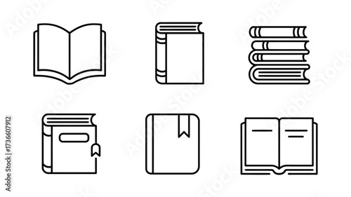 Vector art of collection of book icons, featuring various styles such as open books, closed books, and stacked books