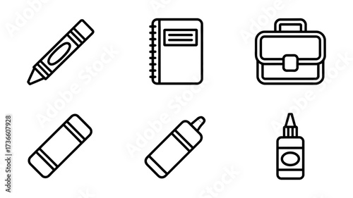 Vector art of school supplies line art icons crayon, notebook, briefcase, glue stick, marker, and glue bottle vector icons
