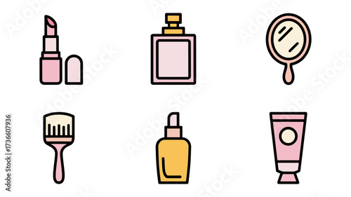Vector art of cosmetics and beauty products, including lipstick, perfume, mirror, brush, lotion, and cream for makeup