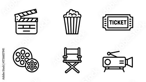 Vector art of movie icons clapperboard, popcorn, ticket, film reel, directors chair, and camera in a simple line art style