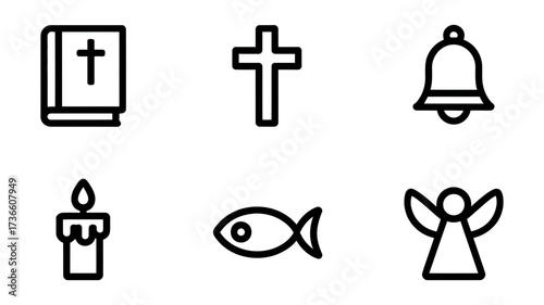 Vector art of christian symbols bible, cross, bell, candle, fish, and angel icons in a simple and minimalist style